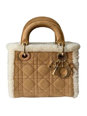 Christian Dior Lady Dior Mini Shearling Cannage Suede Bag Ecru